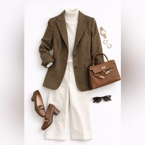 Women's Brown Herringbone Single-Button Blazer